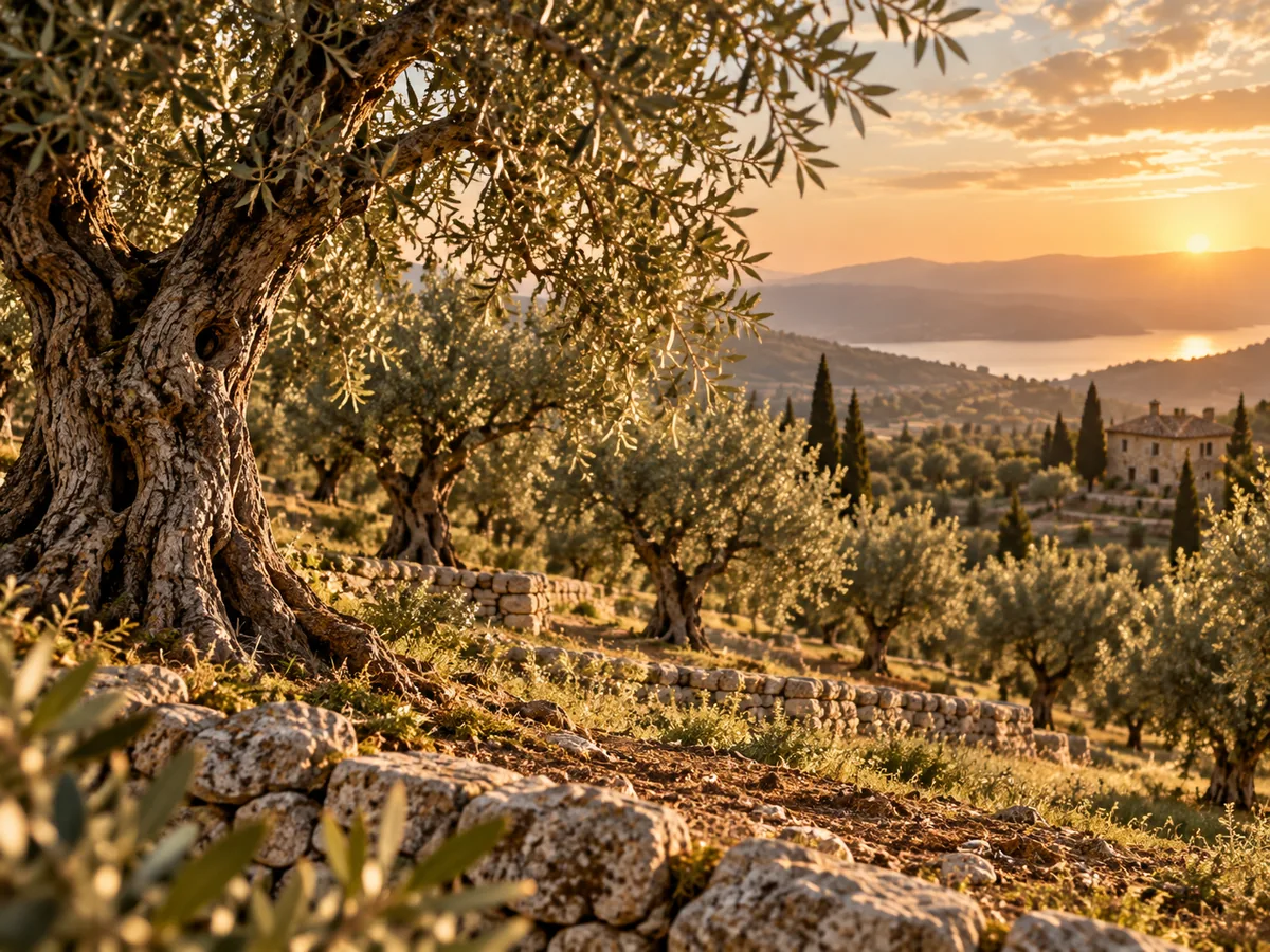 بستان زيتون جبلي عند الغروب